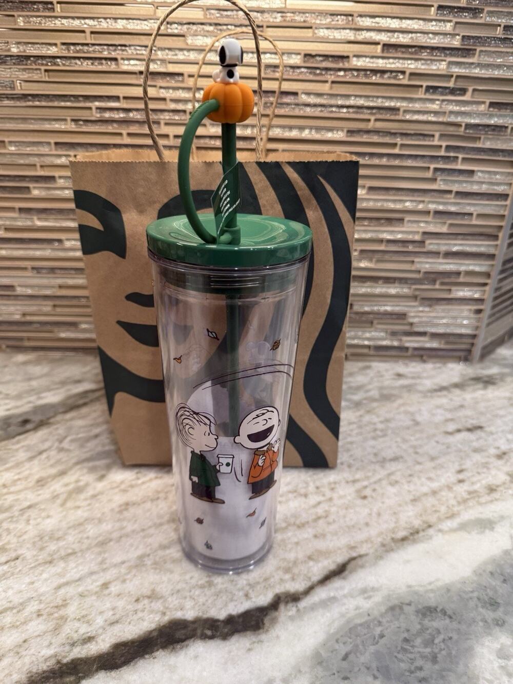 Starbucks Snoopy Clear Tumbler Cup Green Lid Straw Pumpkin Topper